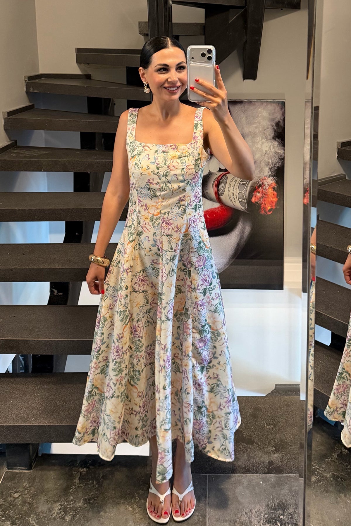 Bej Çiçek Desen Askılı Keten Elbise SY-3723-Bej