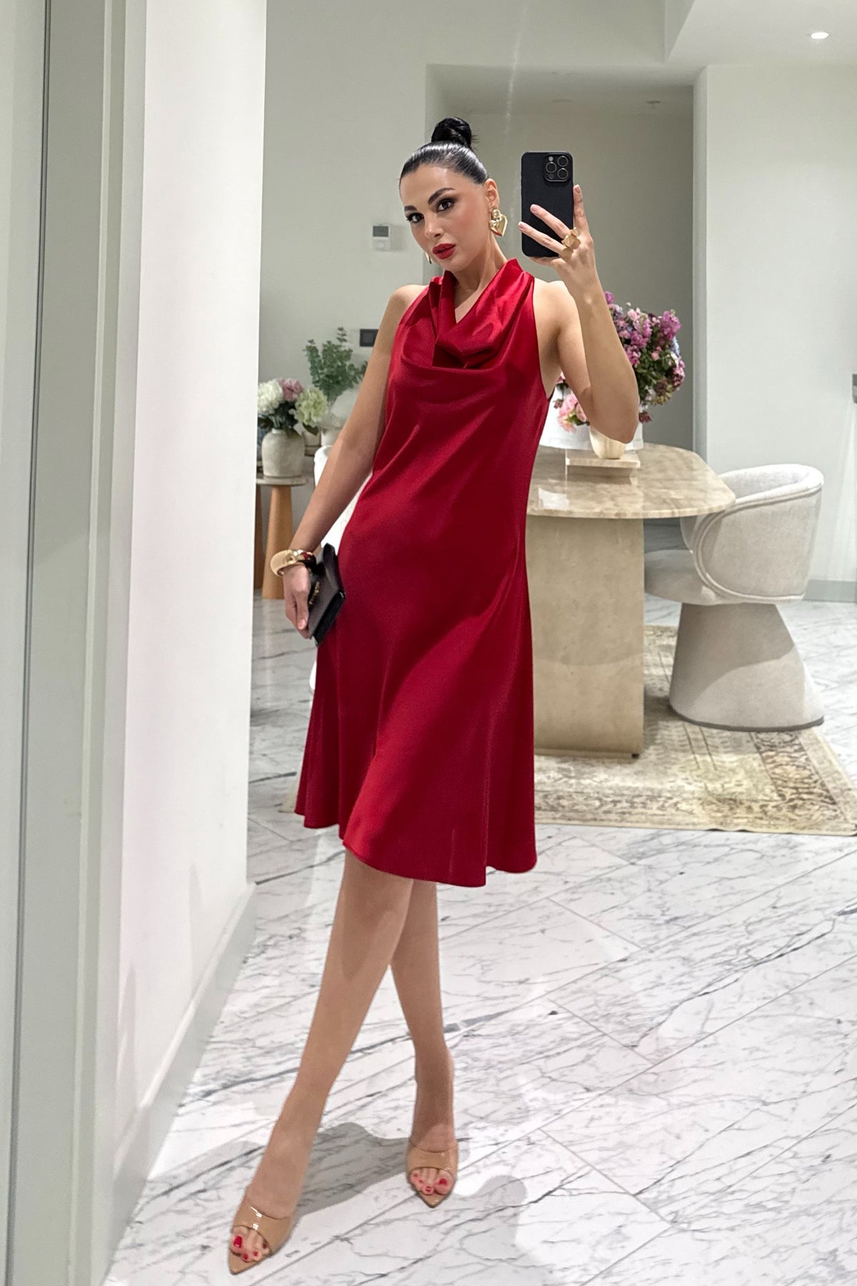 Kırmızı Degaje Yaka Saten Elbise SY-3683-Kırmızı