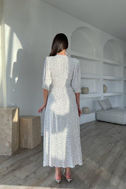 Ekru Puantiyeli Arka Bel ve Kol Ucu Gipeli Elbise SY-1727-Ekru