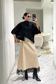 Krem Dantel Detaylı Maxi Saten Etek SY-3600-Krem