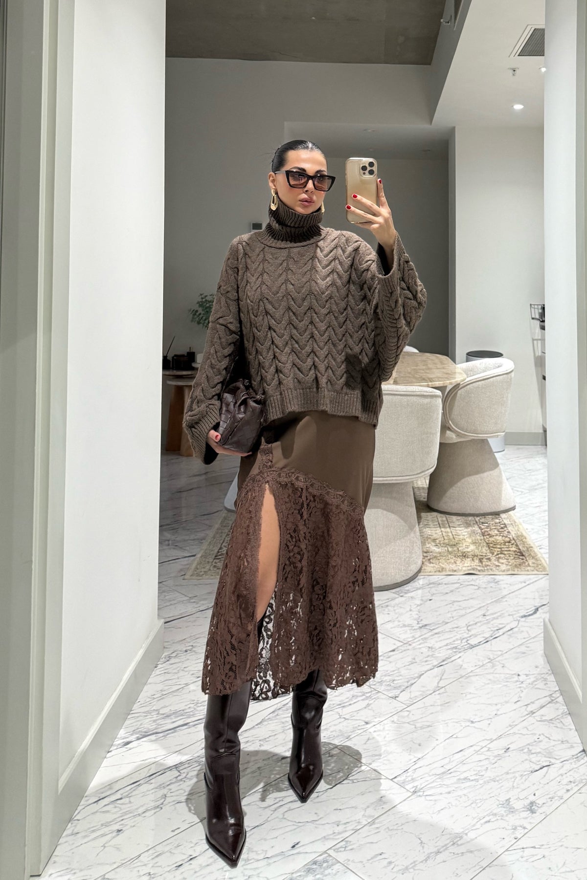 Dantel Detaylı Kahverengi Saten Etek SY-3540-Kahverengi