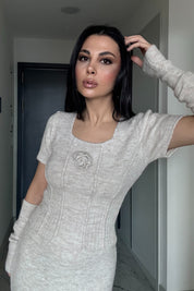 Rosa Gül Detay Bej Crop Etek Triko Takım SY-3495-Bej