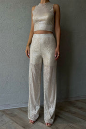 Bej Pullu Transparan Bluz ve Beli Lastikli Pantolon Takım SY-1141-Bej