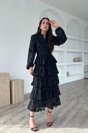 Siyah Valonlu Şerit Detaylı Kat Kat Elbise SY-1747-Siyah