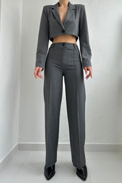 Gri Çizgili Tek Düğmeli Crop Ceket Pantolon Takım SY-0051-Gri