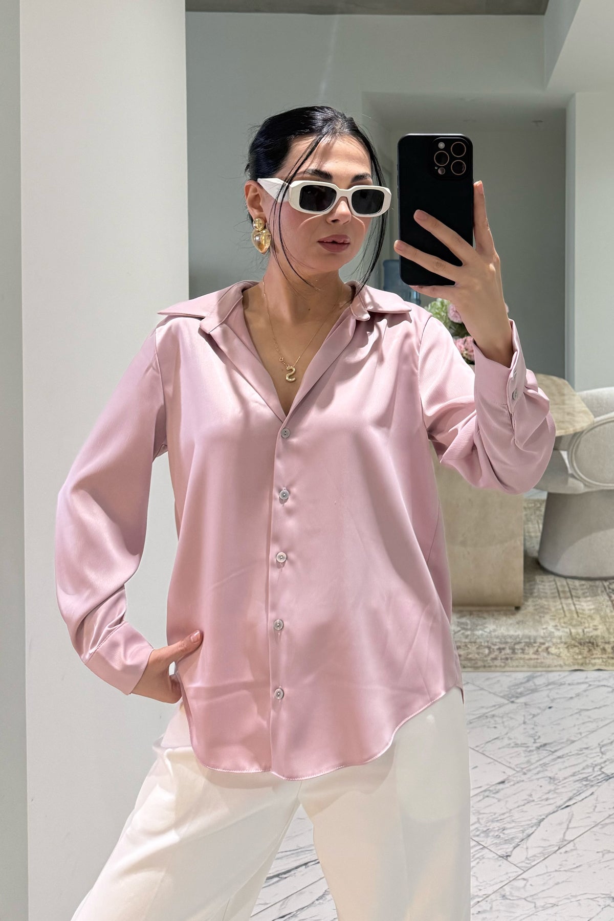 Pembe Basic Premium Saten Gömlek SY-3684-Pembe