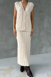 Bej Düğmeli Yelek Çan Etek Triko Takım SY-2492-Bej