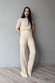 Bej Delikli Ajurlu İkili Tasarım Takım SY-0493-Bej