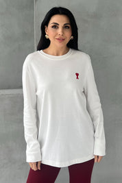 Beyaz Marka Model Kalp Nakışlı Uzun Kollu T-shirt SY-2822-Beyaz