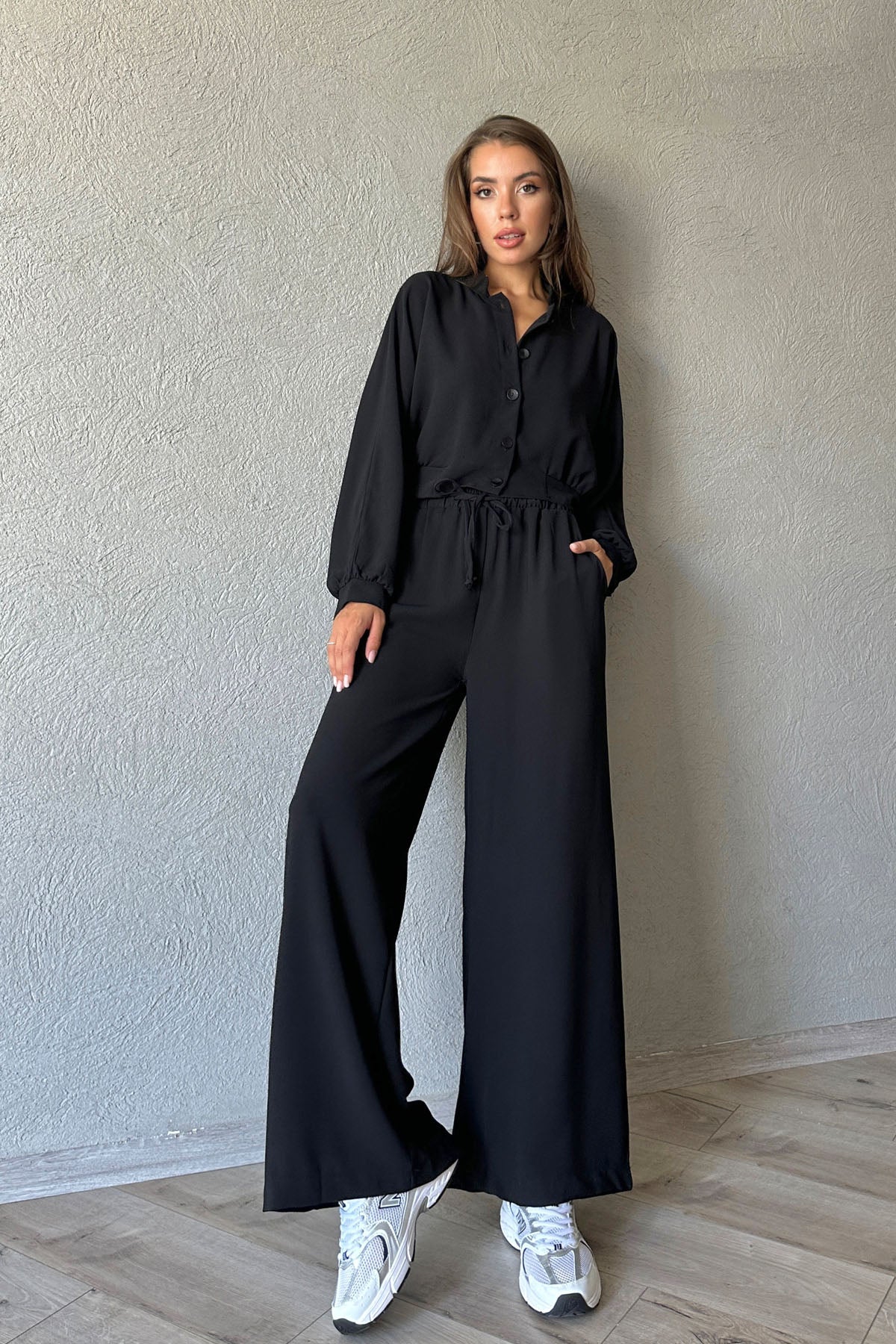 Siyah Düğme Detaylı Gömlek ve Beli Lastikli Pantolon Takım SY-0976-Siyah