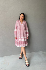 Kırmızı Desenli Gofre Kısa Elbise SY-3036-Kırmızı