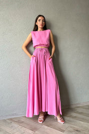 Pembe Keten Lastik Detaylı Uzun Etek ve Crop Takım SY-0516-Pembe
