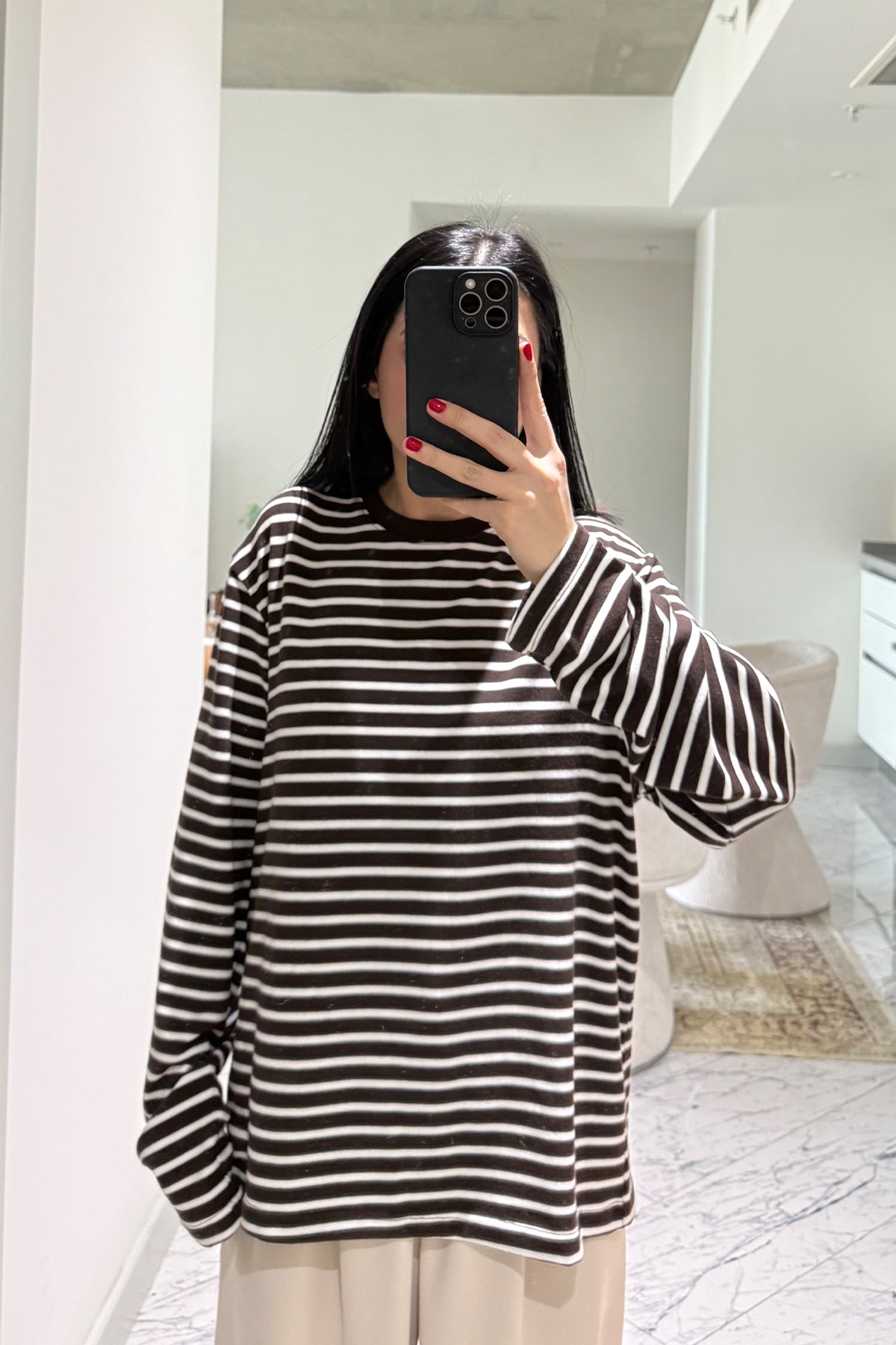 Kahve-Ekru Biisiklet Yaka Çizgili Likralı Uzun Kollu T-Shirt SY-3645-Kahverengi