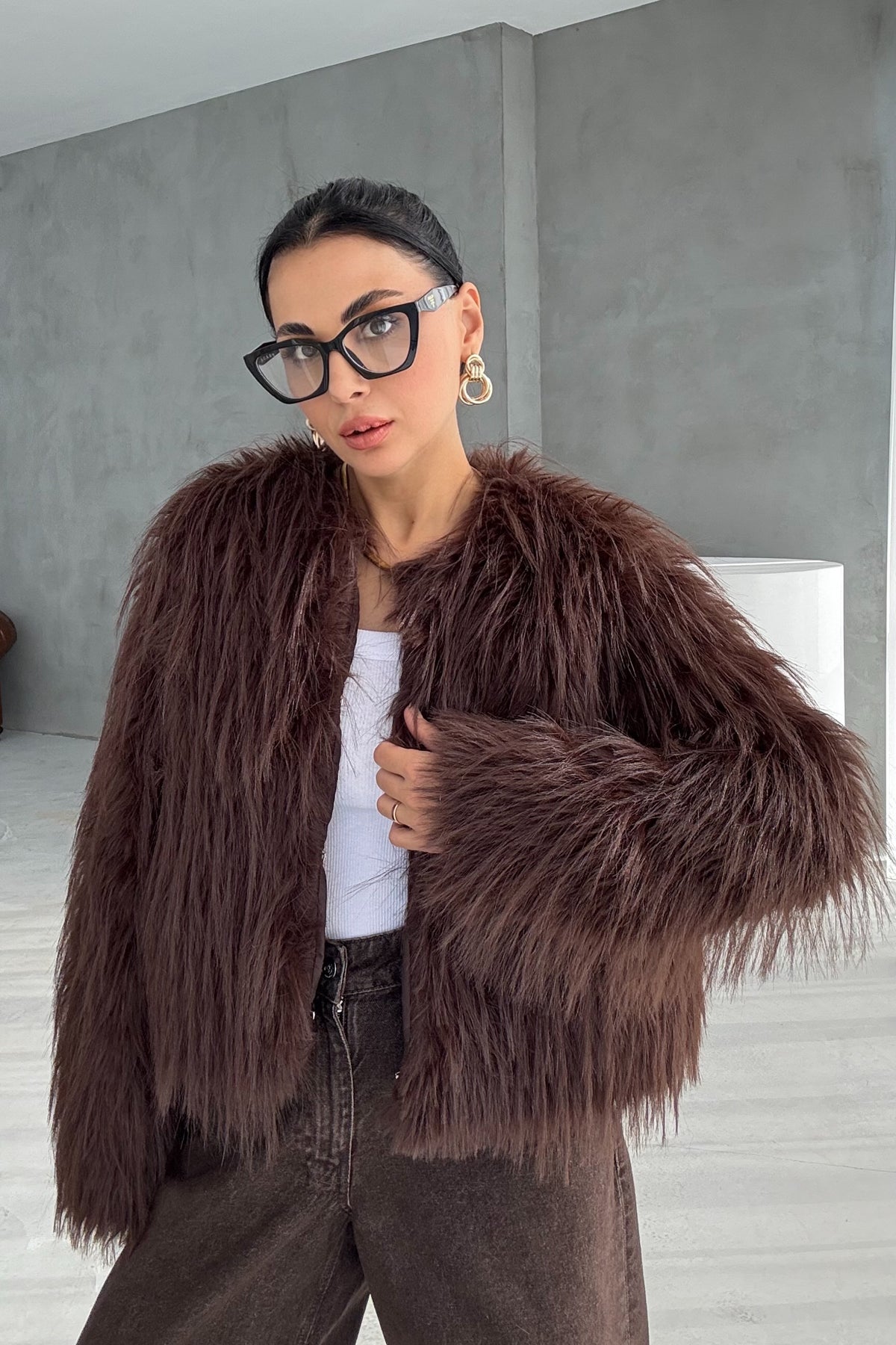 Acı Kahve Saçaklı Kürk Ceket SY-3388-Acı KAHVE