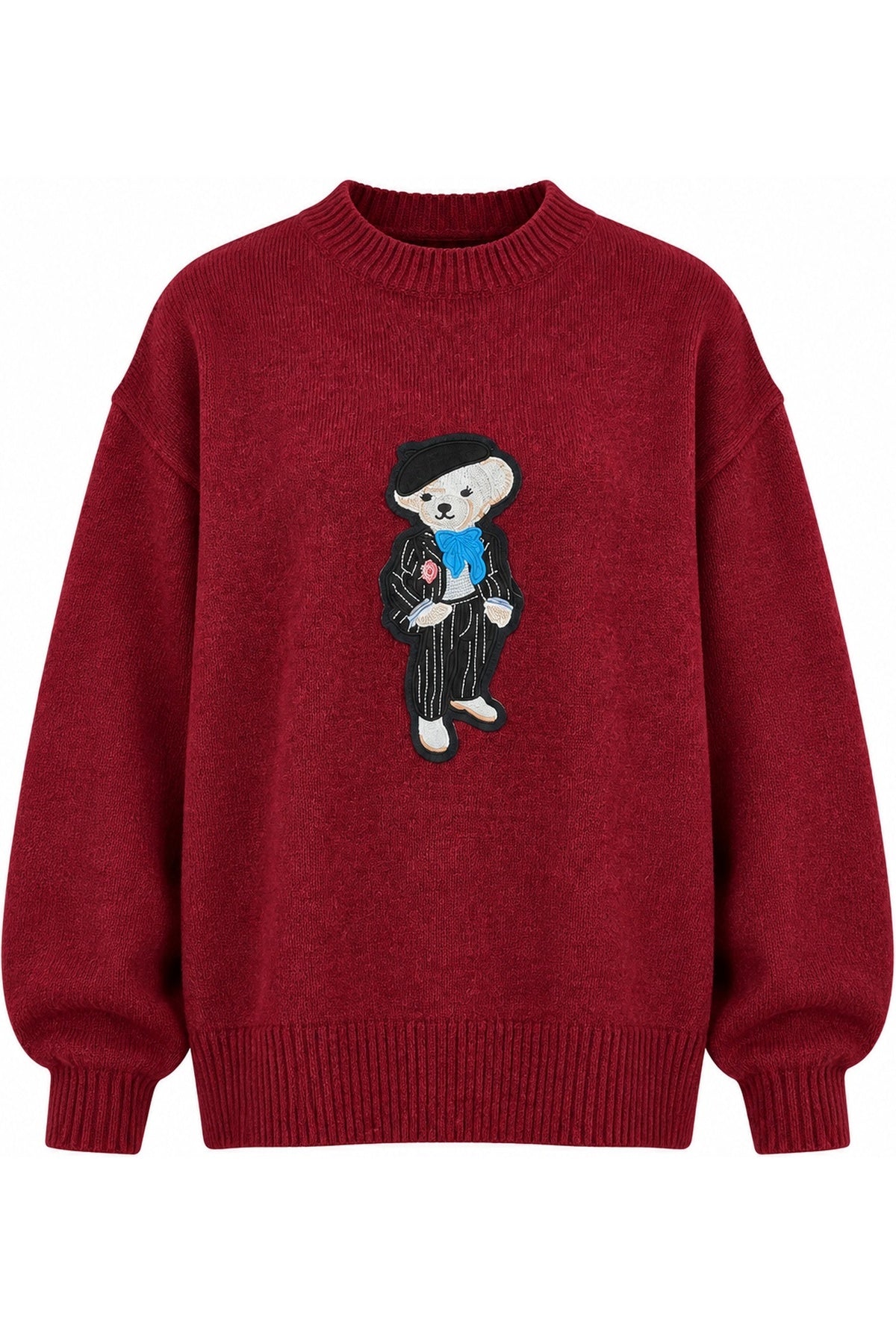Bordo Teddy Bear Nakışlı Triko Kazak SY-2839-Bordo