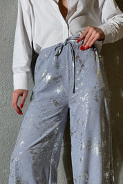 Gri Varak Baskılı Beli Lastikli Bol Paça Pantolon SY-1407-Gri