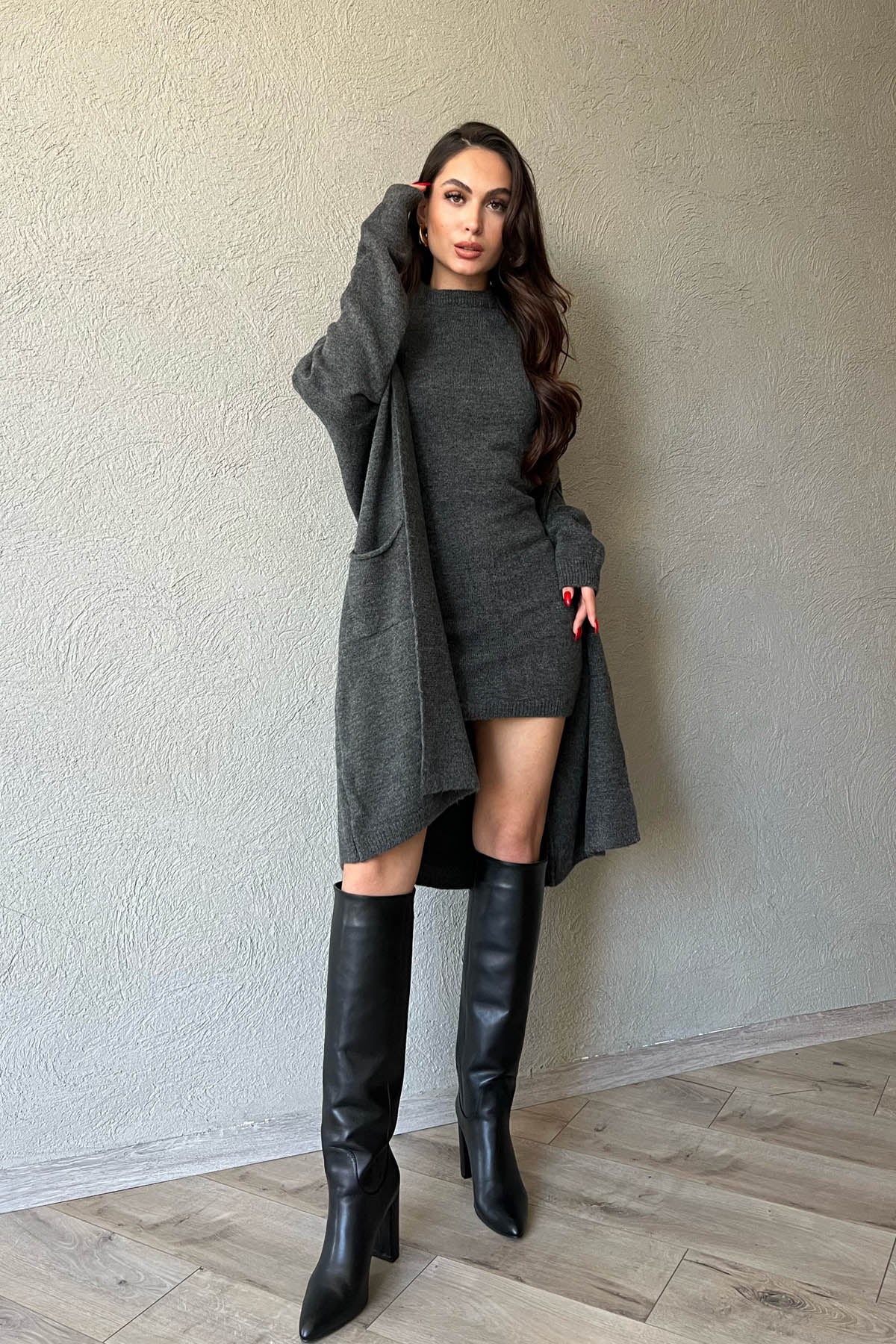 Antrasit  Şal Yaka Hırka ve Elbise Triko Takım SY-1597-Antrasit