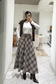 Kahve-Ekru Ekose Desenki Kloş Etek SY-3527-Ekru