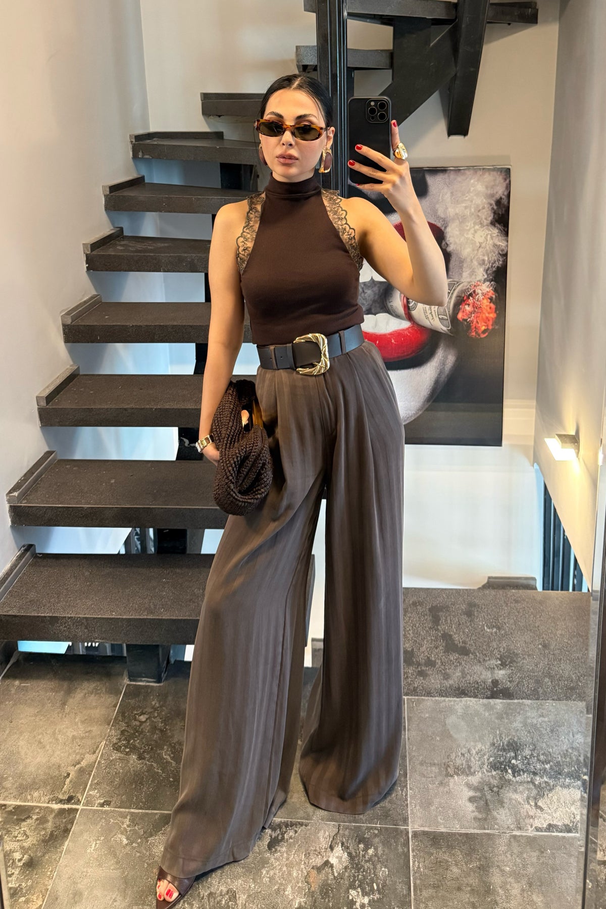Kahve Balıkçı Yaka Güpür Detaylı Triko Bluz SY-3712-Kahverengi