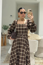 Kare Yaka Kemerli Ekoseli Elbise Taba-Kahve SY-3588-Taba