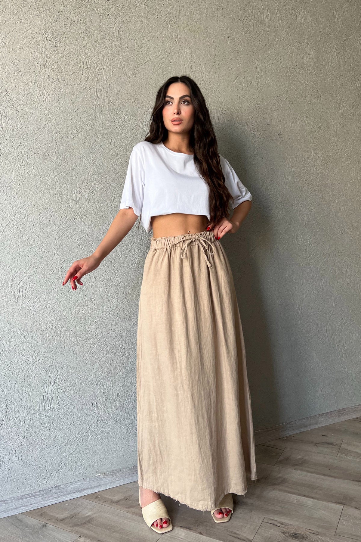 Vizon Beli Bağlama Detaylı Uzun Keten Etek SY-2154-Vizon