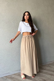 Vizon Beli Bağlama Detaylı Uzun Keten Etek SY-2154-Vizon