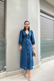 Balon Kol Kot Elbise SY-0297-Mavi