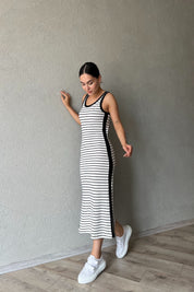 Beyaz Siyah Çizgili L Muadili Kadın Straight Fit Siyah Elbise SY-2258-Beyaz Siyah Çizgili