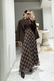 Kahve Ekose Desenli Şifon Etek SY-3558-Bordo