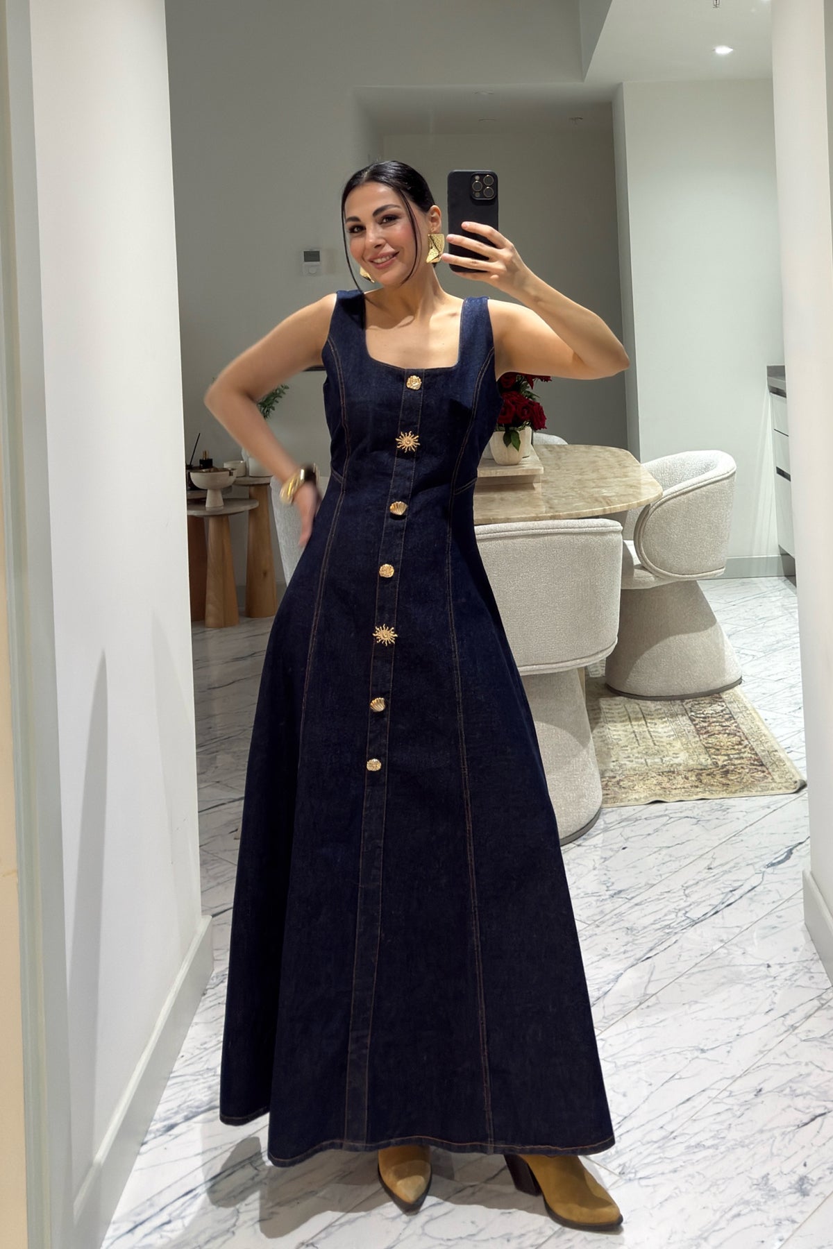 Düğme Detaylı Denim Elbise SY-3621-Lacivert