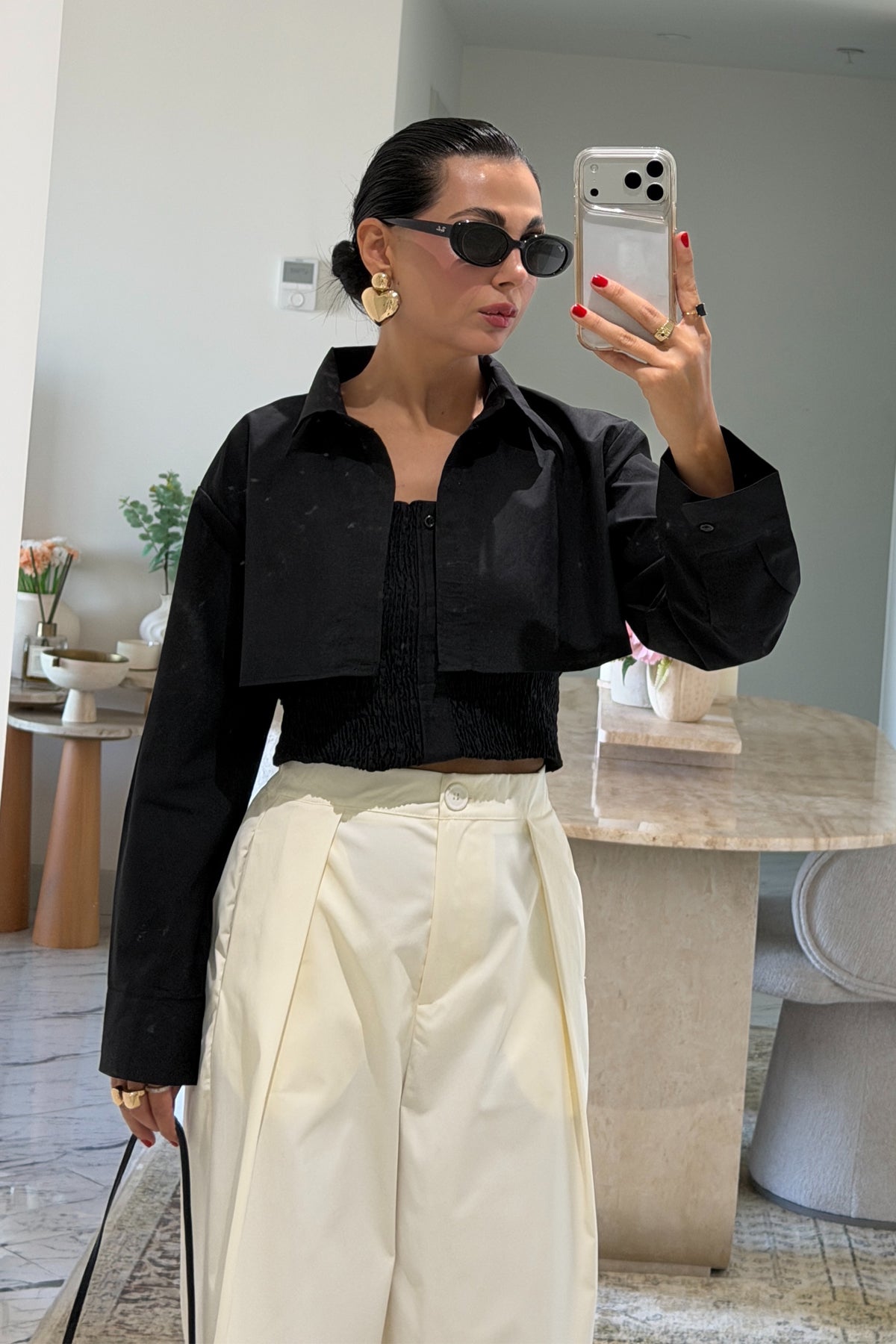 Siyah Gipeli Crop Gömlek Poplin Takım SY-2466-Siyah