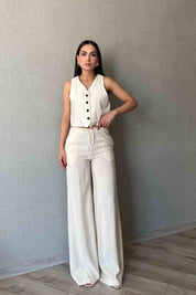 Ekru Yelek Beli Lastik Detaylı  Pantolon Takım SY-2019-Ekru
