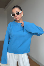 Mavi Oversize İspanyol Kol Basic T-Shirt SY-3846-Mavi