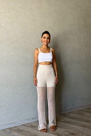 Krem Ajurlu Triko Örme Pantolon SY-2241-Krem