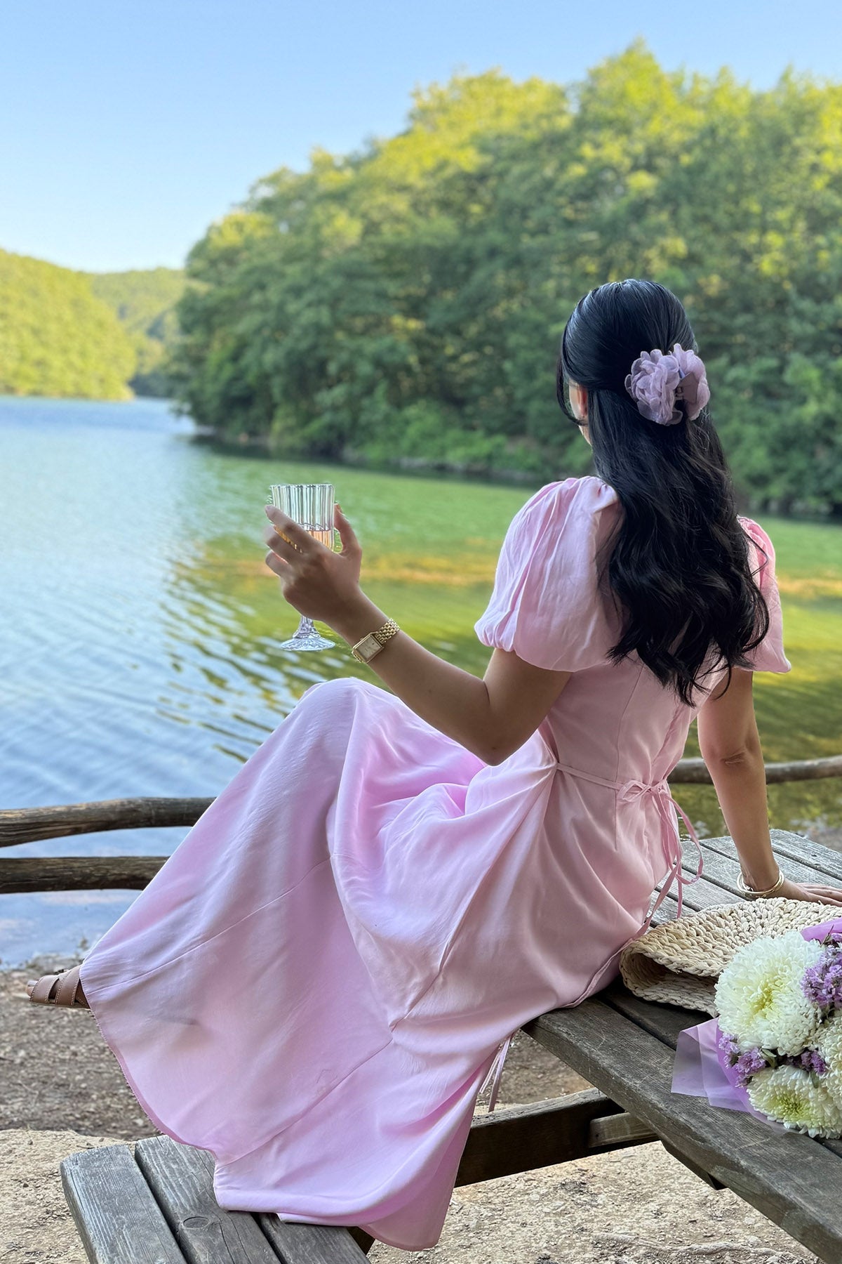 Pembe Göğüs Büzgülü Elbise SY-3235-Pembe