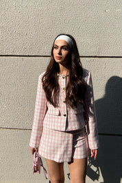 Pembe Düğme Detaylı Tüvit Şort Etek SY-1577-Pembe