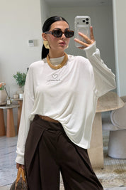 Ekru Amour Baskılı Oversize Uzun Kollu Tişört SY-3829-Ekru