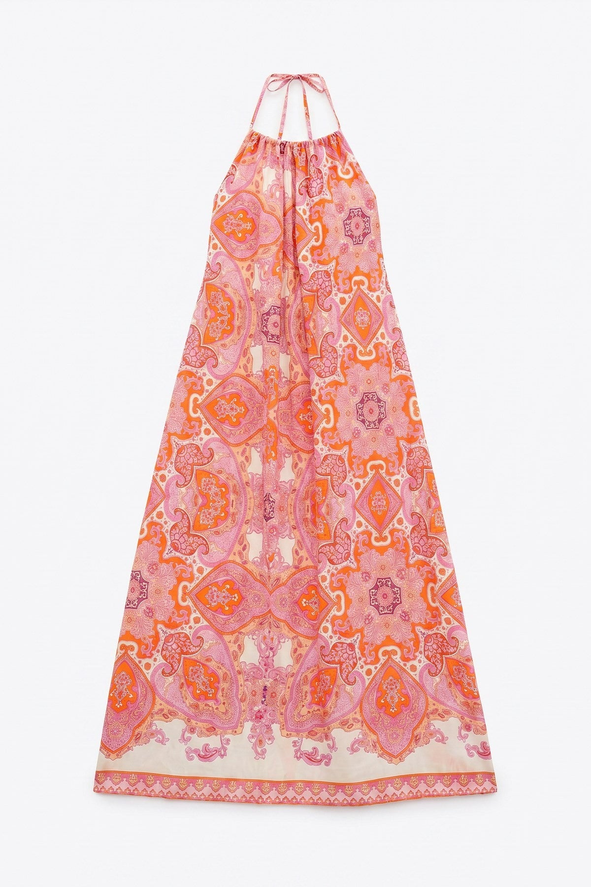 Pembe Boyundan Bağlamalı Şal Desenli Uzun Elbise SY-3767-Pembe