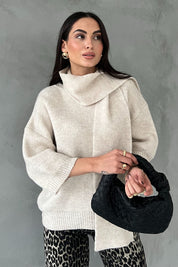 Taş Kısa Kollu Şal Detay Oversize Kazak SY-2818-Taş