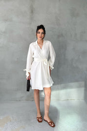 Ekru Kruvaze Kapamalı Kuşaklı Elbise SY-3100-Ekru