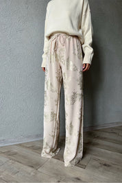Bej Beli Lastikli Bağlamalı Varak Baskılı Palazzo Pantolon SY-1142-Bej