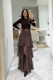 Kahverengi Puantiyeli Fırfırlı Kat Kat Kemerli ETek SY-3525-Puantiyeli