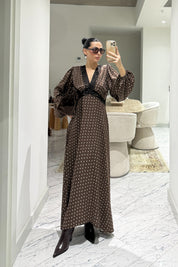 Kahve Puantiyeli Dantelli Saten Elbise SY-3579-Kahverengi
