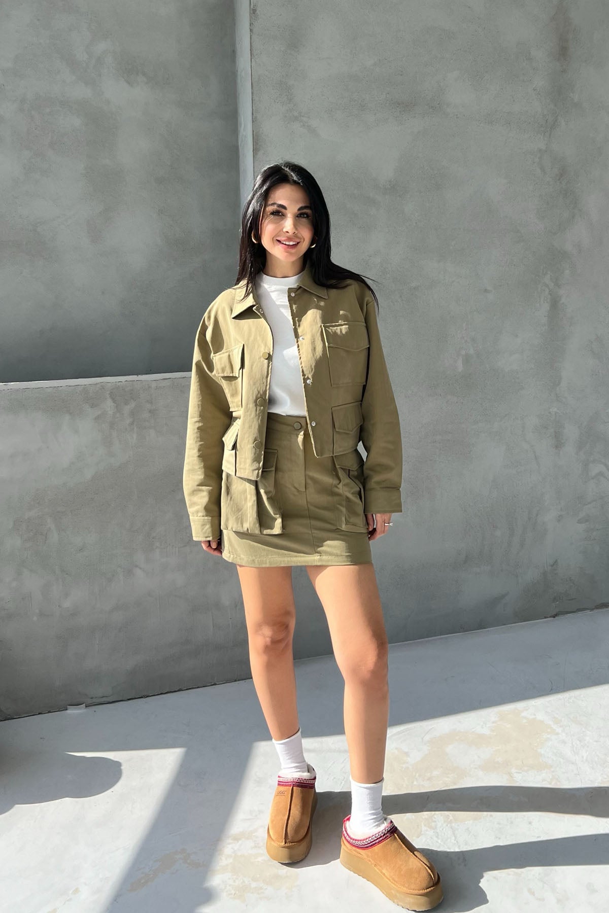 Haki Safari Çok Cepli Çıtçıtlı Etek Ceket Takım SY-2691-Haki