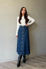 Koyu Lacivert Önü Düğme Detay Kemerli Denim Etek SY-1573-Koyu Lacivert