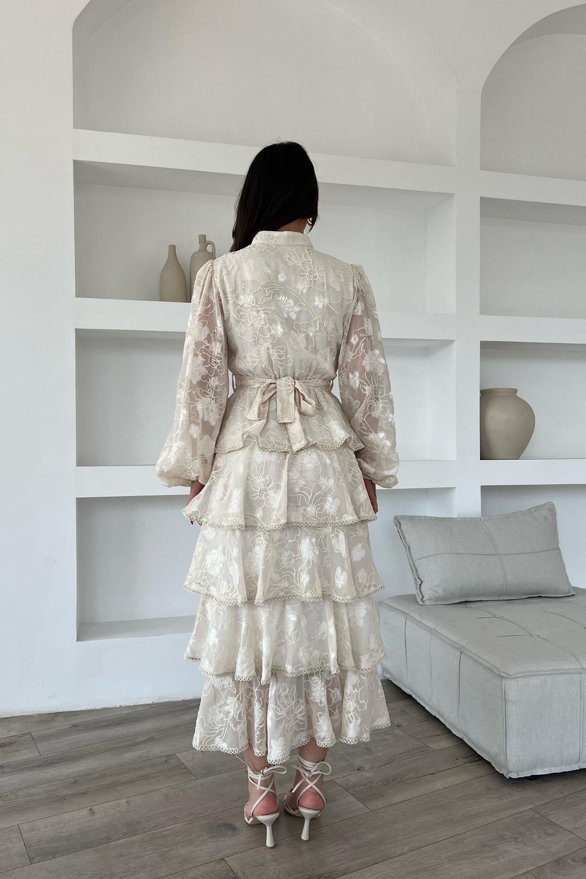 Bej Valonlu Şerit Detaylı Kat Kat Elbise SY-1747-Bej