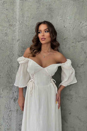 Beyaz Düşük Kol Balenli Gofre Kumaş Uzun Elbise SY-1779-Beyaz