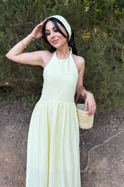 Sarı Arkası Gipeli Boyundan Bağlamalı Elbise SY-3236-Sarı