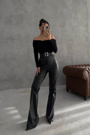 Likya İspanyol Paça Siyah Kemerli Deri Pantolon SY-3487-Siyah