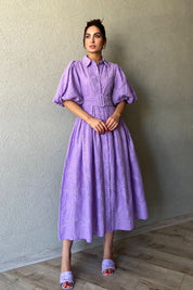 Lila Balon Kol Pile Detaylı Kemerli Brode Elbise SY-2084-Lila